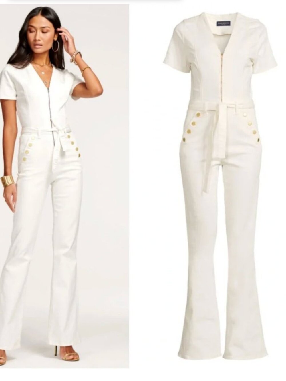 Ramy Brook Helena White Short-Sleeve Wide-Leg Jumpsuit with Tie Waist, size 27